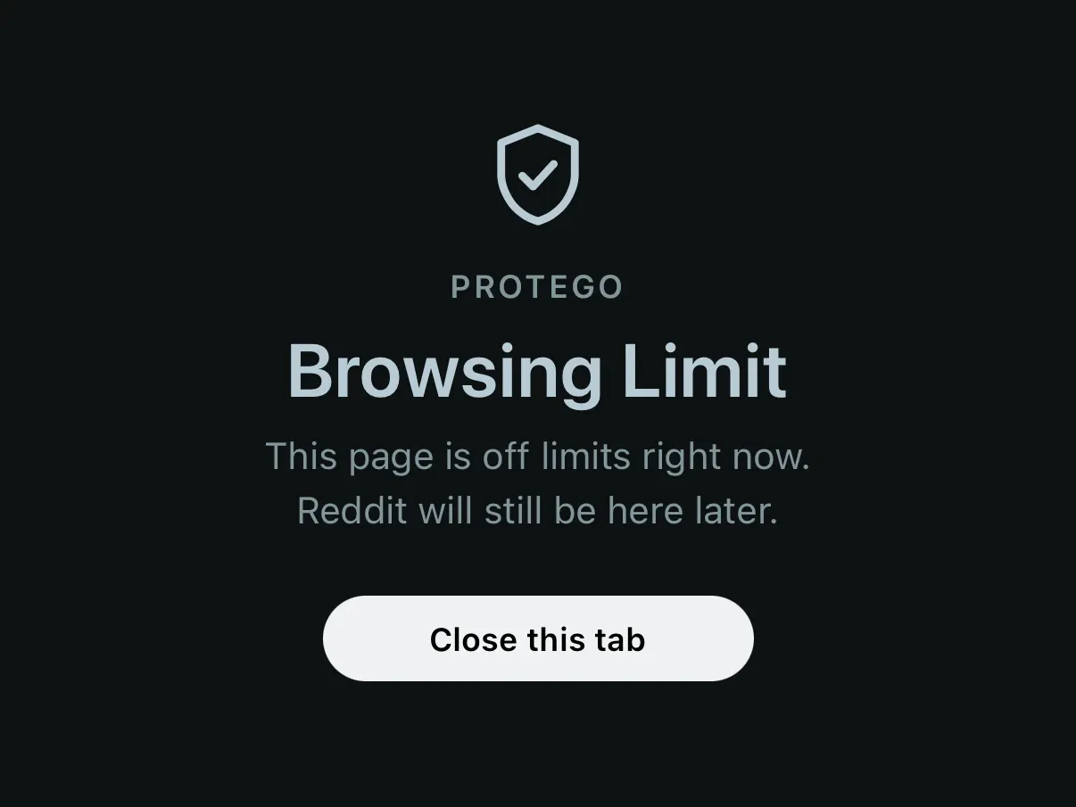 Protego’s Browsing Limit page in Safari, with the message that the page is off limits right now and a Close this tab button.