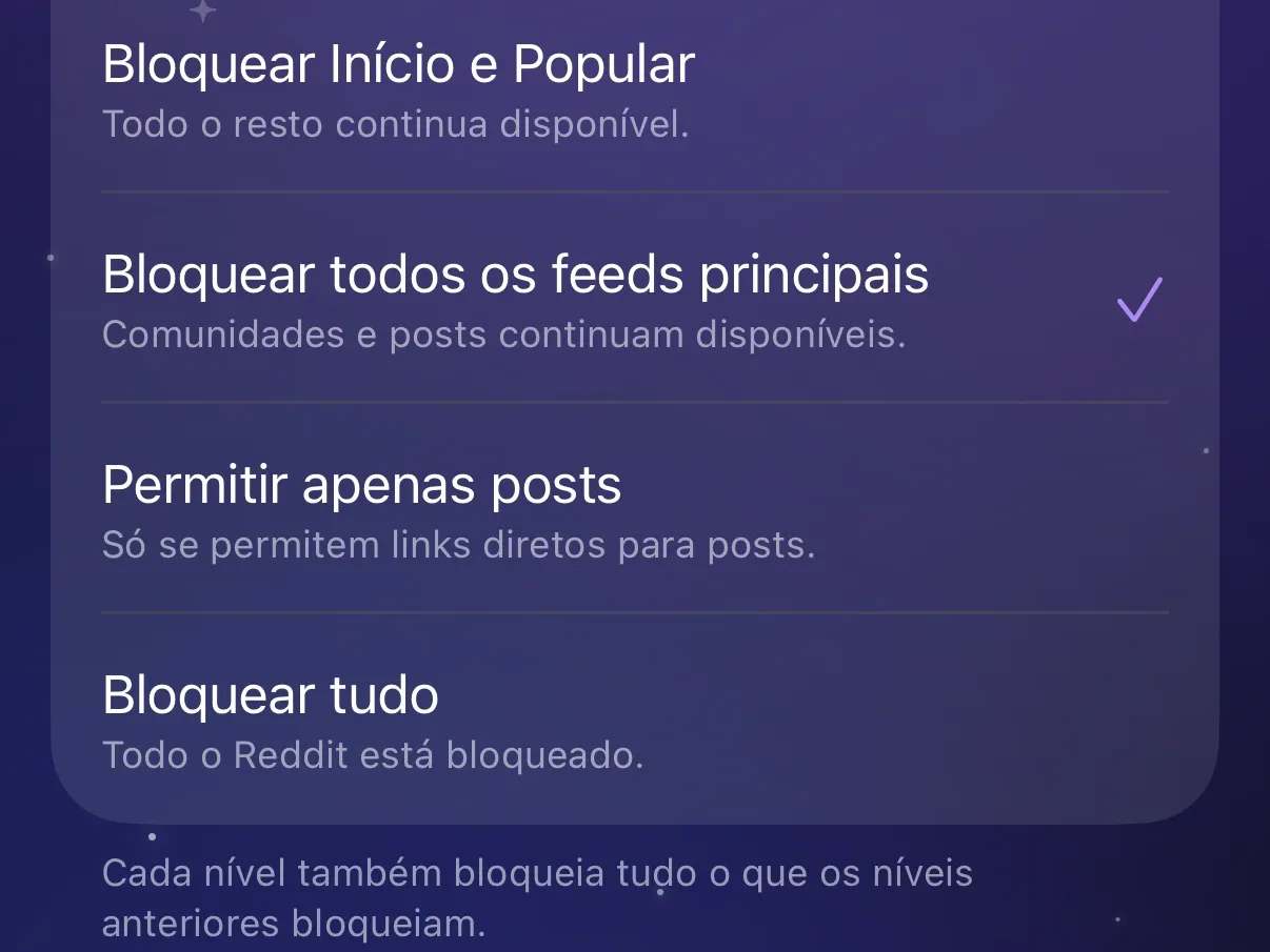Os níveis de limite do Protego, de Bloquear Início e Popular até Bloquear tudo, com Bloquear todos os feeds principais selecionado.