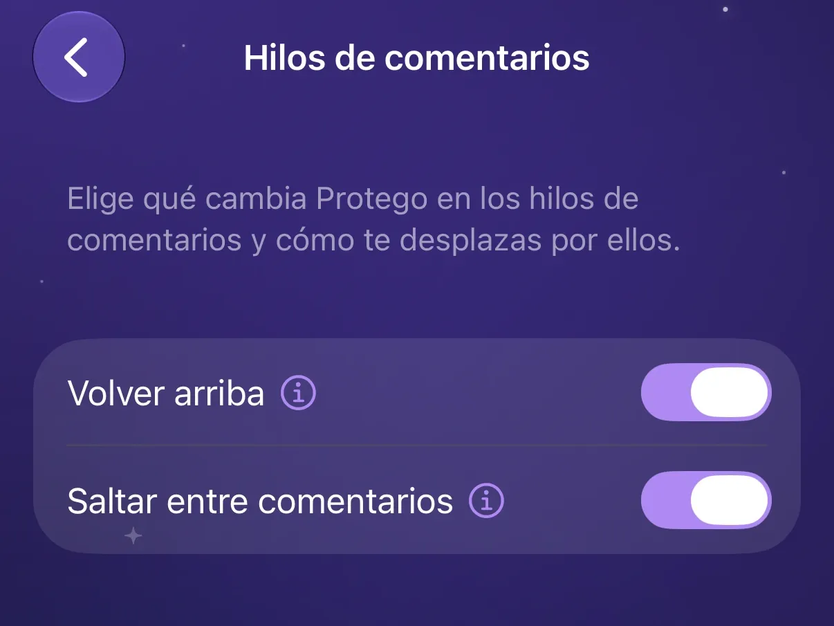 Volver arriba y Saltar entre comentarios activados en Hilos de comentarios de Protego.
