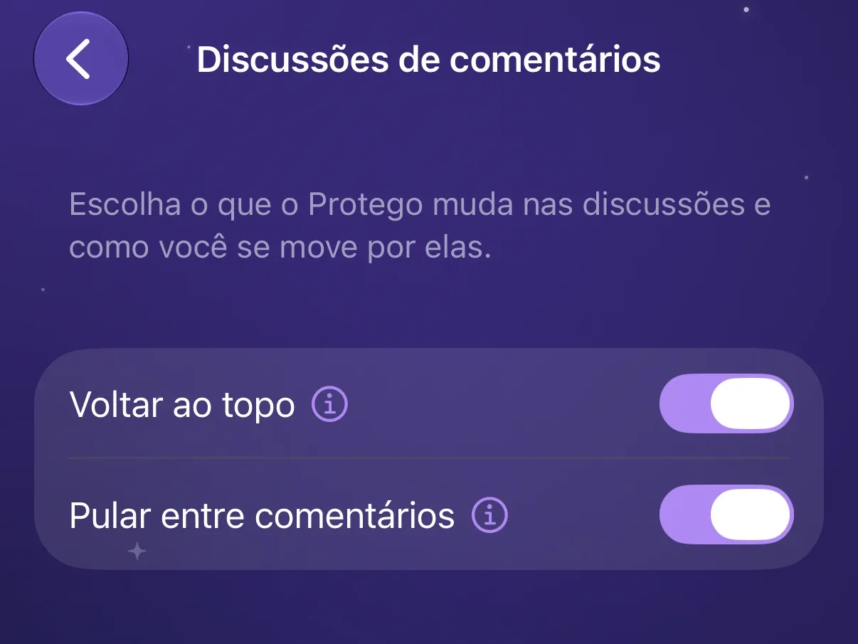 Voltar ao topo e Pular entre comentários ativados em Discussões de comentários do Protego.
