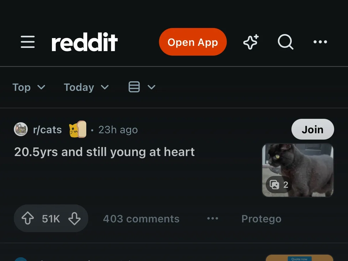 Un post de un feed de Reddit que muestra la comunidad donde se publicó, pero no a su autor.