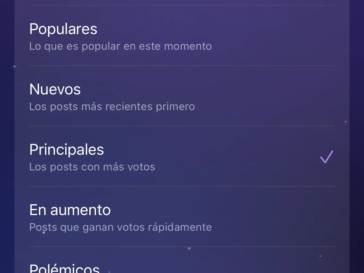 Las opciones de Orden de los posts en Protego, con Principales seleccionado.