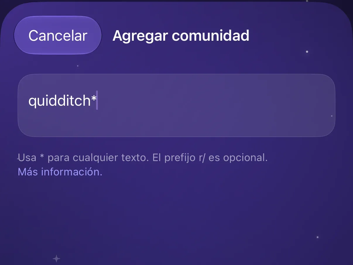 La hoja Agregar comunidad de Protego con quidditch y un comodín escritos.
