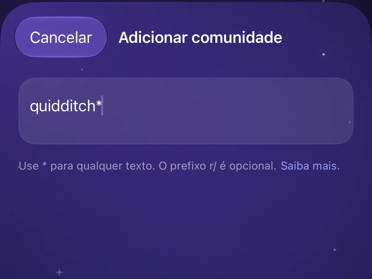 A tela Adicionar comunidade do Protego com quidditch e um curinga digitados.
