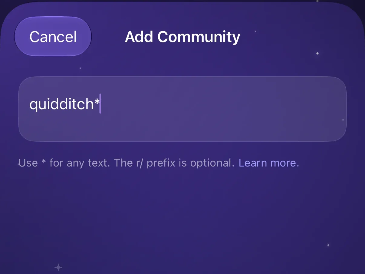 Protego’s Add Community sheet with quidditch and a wildcard typed.