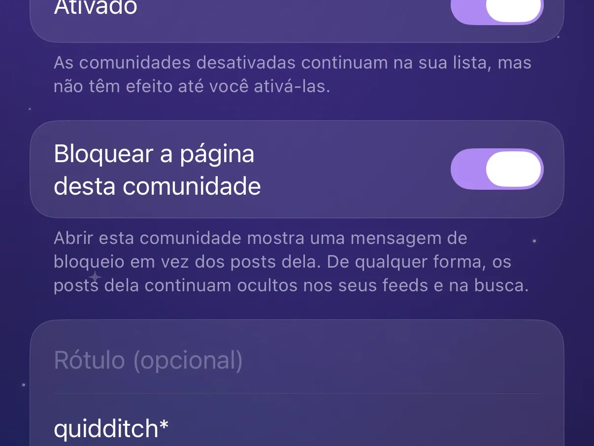 Uma entrada de comunidade no Protego com as chaves Ativado e Bloquear a página desta comunidade ativadas.