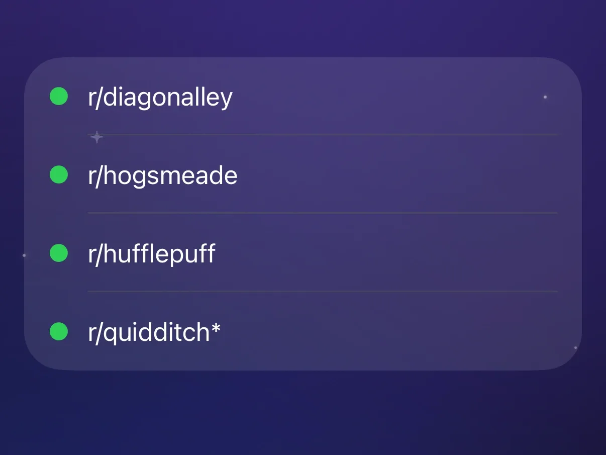 La lista Comunidades de Protego con r/diagonalley, r/hogsmeade, r/hufflepuff y una entrada con comodín para quidditch.