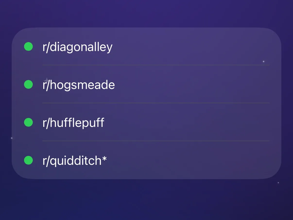 Protego’s Communities list with r/diagonalley, r/hogsmeade, r/hufflepuff, and a wildcard entry for quidditch.