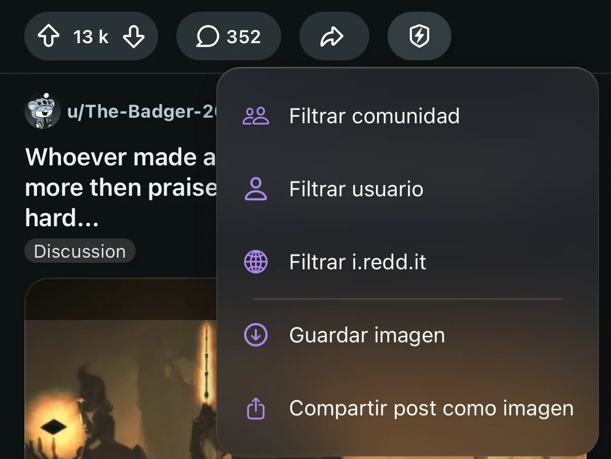El menú de Protego abierto en un post de Reddit, con Filtrar comunidad como primera opción.