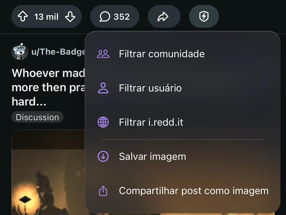 O menu do botão do Protego aberto em um post do Reddit, com Filtrar comunidade no topo.