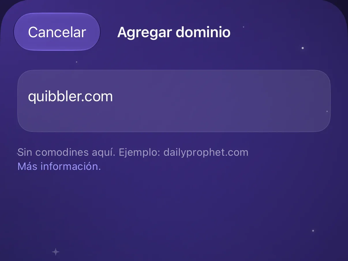 La hoja Agregar dominio de Protego con quibbler.com escrito.