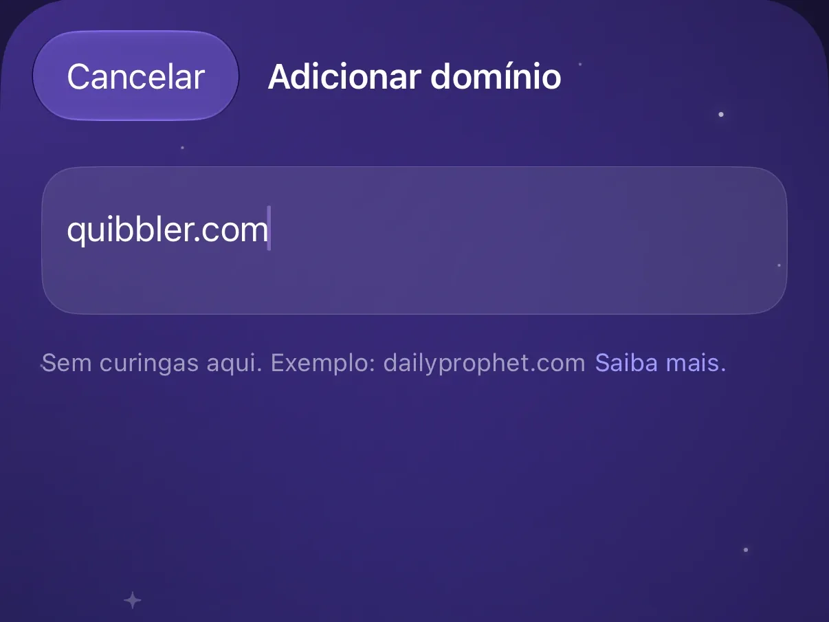 A tela Adicionar domínio do Protego com quibbler.com digitado.
