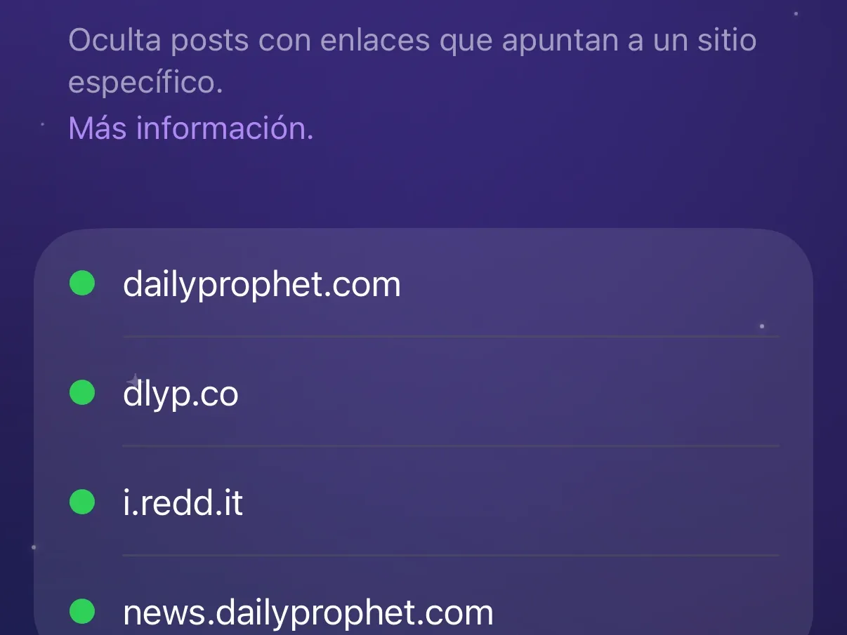 La lista Dominios de Protego con dailyprophet.com, dlyp.co, i.redd.it y news.dailyprophet.com.
