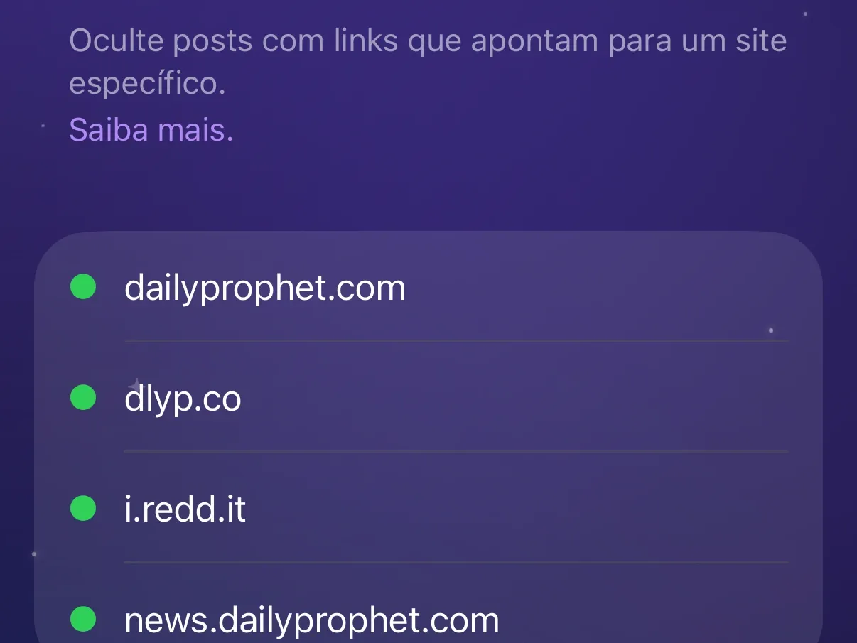 A lista Domínios do Protego com dailyprophet.com, dlyp.co, i.redd.it e news.dailyprophet.com.