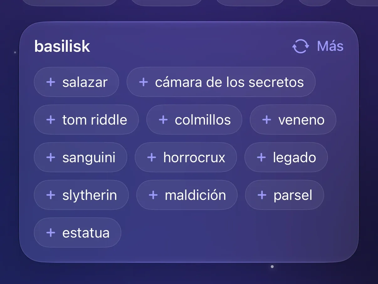 Sugerencias de Apple Intelligence para basilisk en Protego, entre ellas salazar, cámara de los secretos y tom riddle.