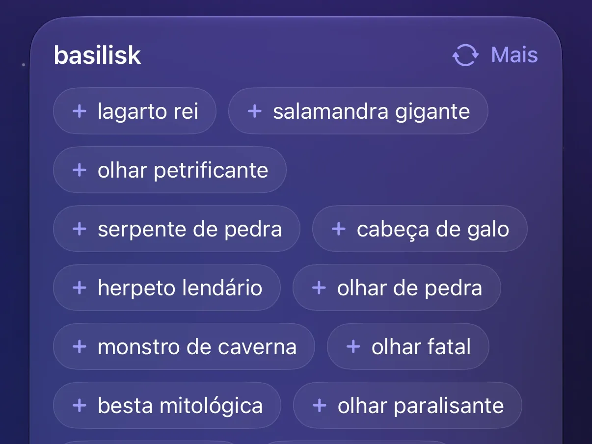 Sugestões da Apple Intelligence para basilisk no Protego, incluindo lagarto rei, salamandra gigante e olhar petrificante.