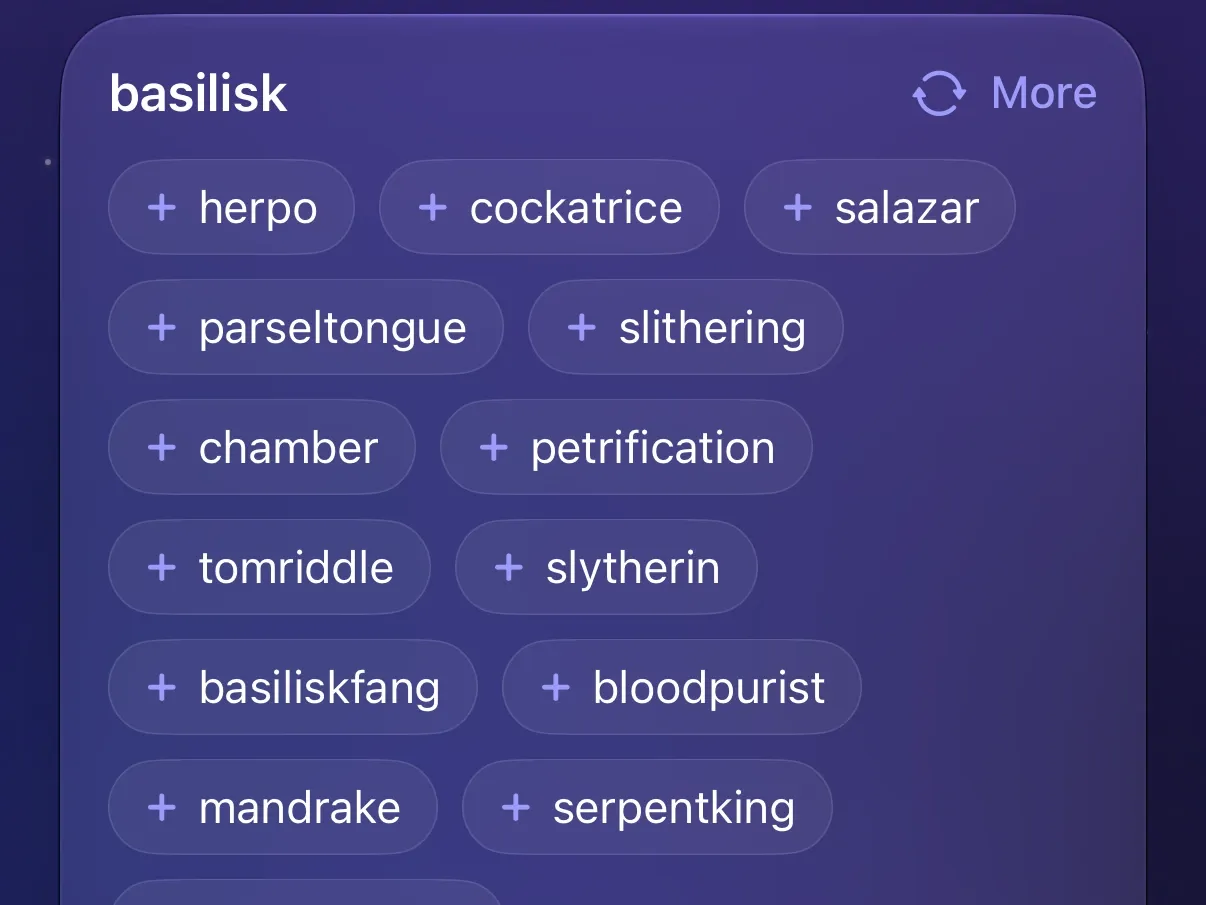 Apple Intelligence suggestions for basilisk in Protego, including parseltongue, cockatrice, and tomriddle.