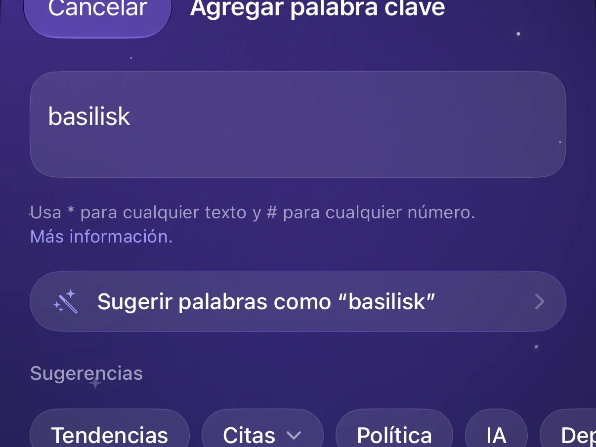 La hoja Agregar palabra clave de Protego con basilisk escrito y el botón Sugerir palabras como basilisk.