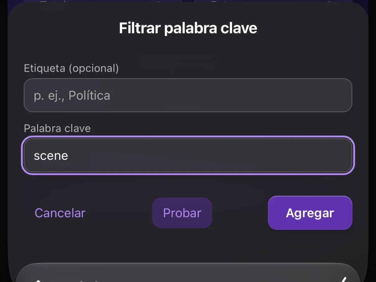 La extensión Protego en Safari con scene escrito en su editor de palabras clave, arriba de Cancelar, Probar y Agregar.
