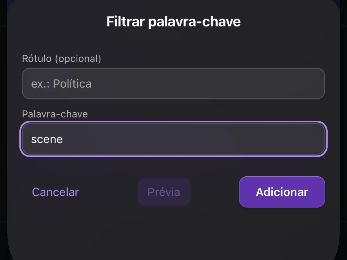 A extensão Protego no Safari com scene digitado no editor de palavras-chave, acima de Cancelar, Prévia e Adicionar.