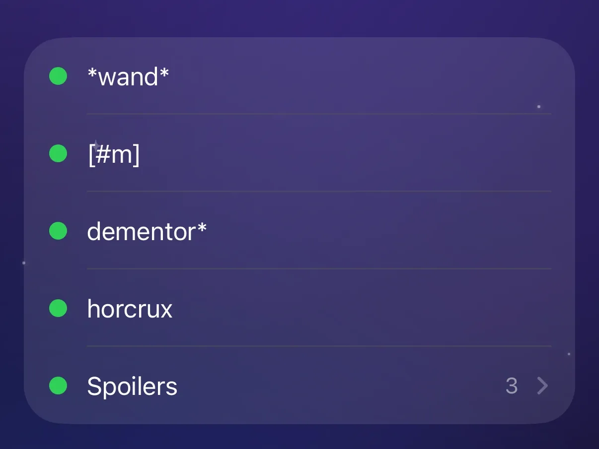 La lista Palabras clave de Protego con patrones de comodín y de número, horcrux y un grupo Spoilers de tres palabras clave.