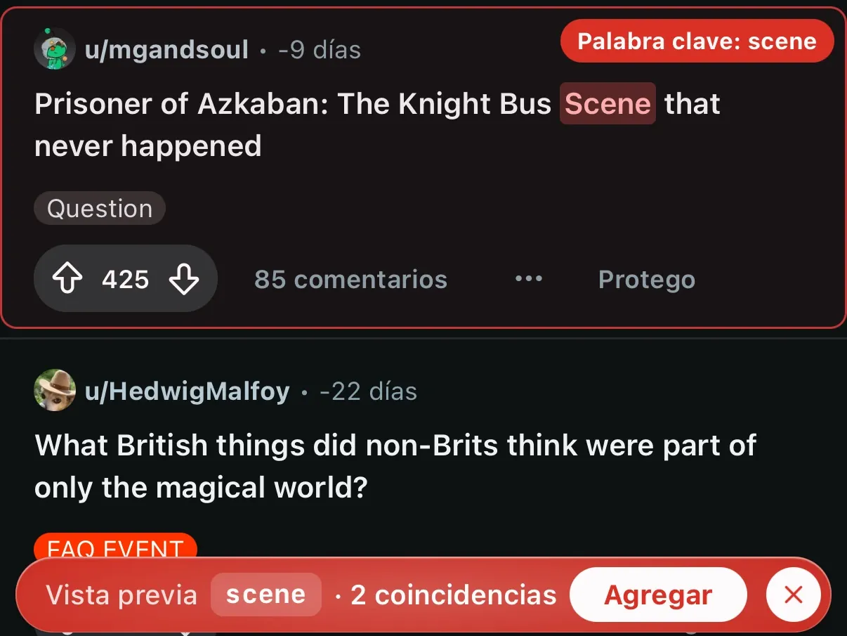 Un post de Reddit marcado por la vista previa de la palabra clave scene, con una barra en la parte inferior que muestra 2 coincidencias.