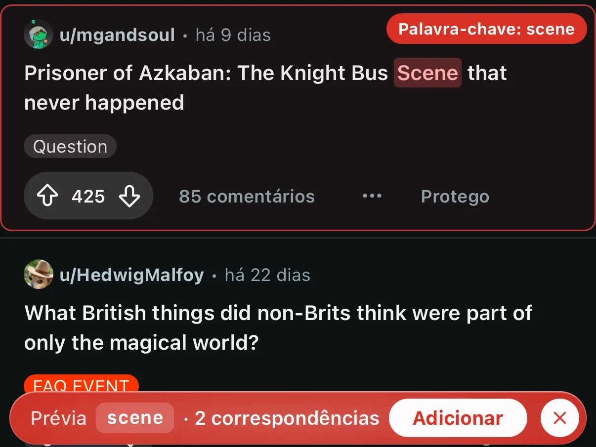 Um post do Reddit marcado pela prévia da palavra-chave scene, com uma barra na parte de baixo que mostra 2 correspondências.