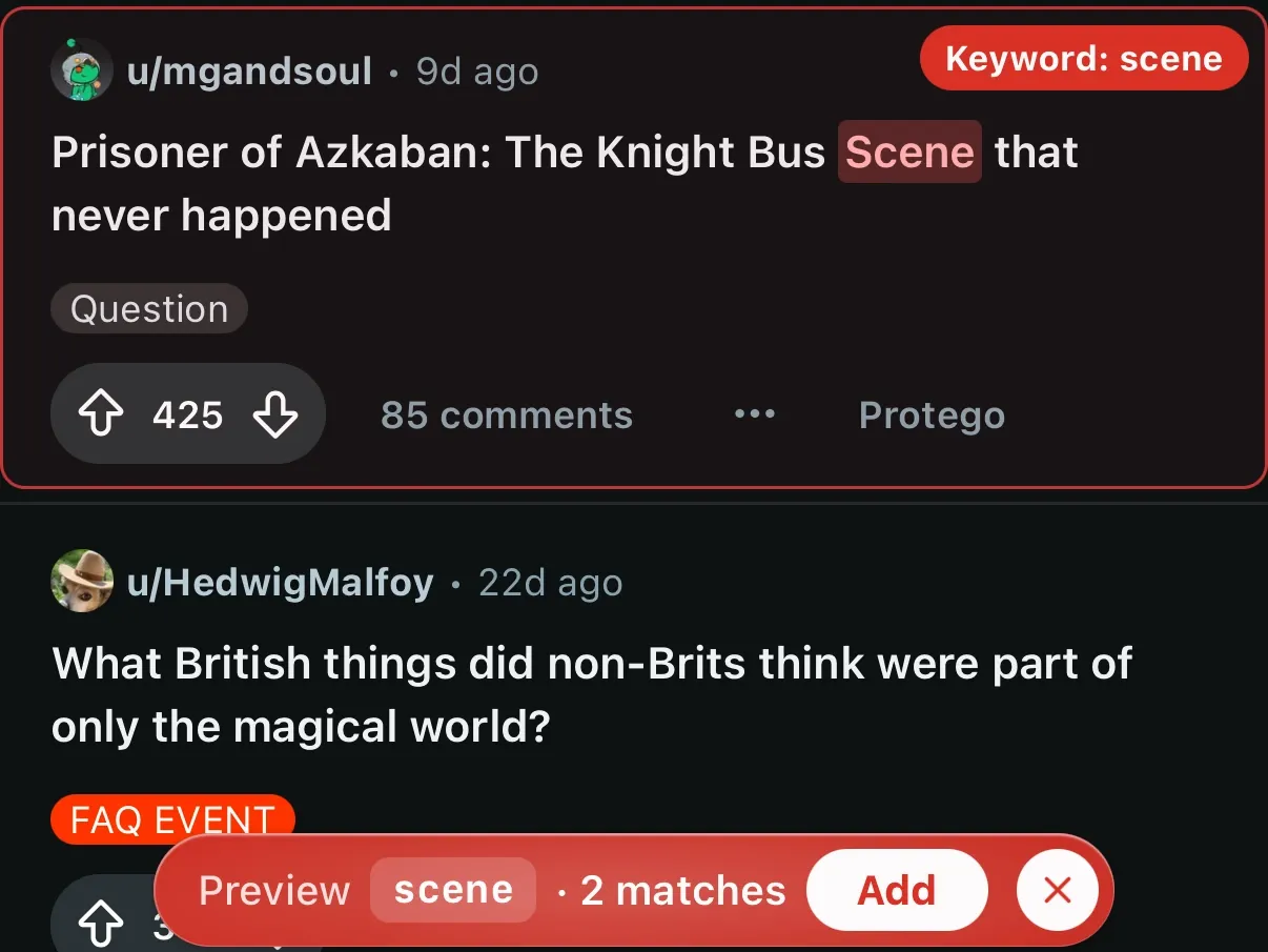 A Reddit post marked by a keyword preview for scene, with a bar at the bottom showing 2 matches.