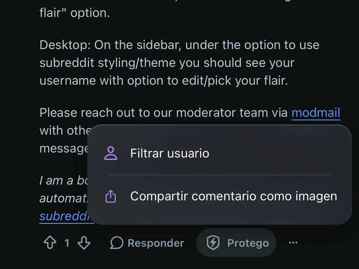 El menú de Protego abierto en un comentario de Reddit, con Filtrar usuario.