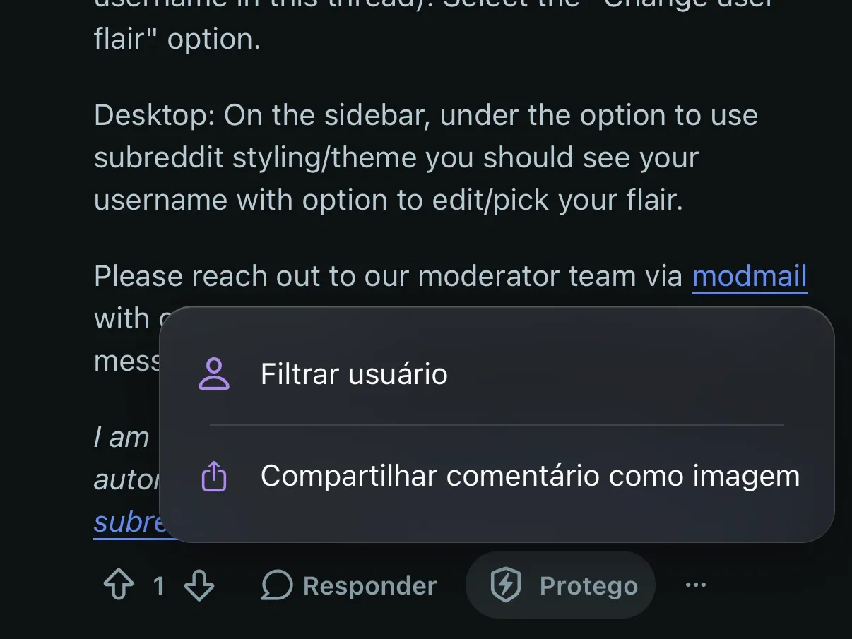 O menu do botão do Protego aberto em um comentário do Reddit, com Filtrar usuário.