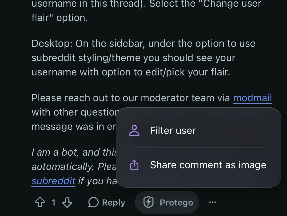 The Protego menu open on a Reddit comment, with Filter user.