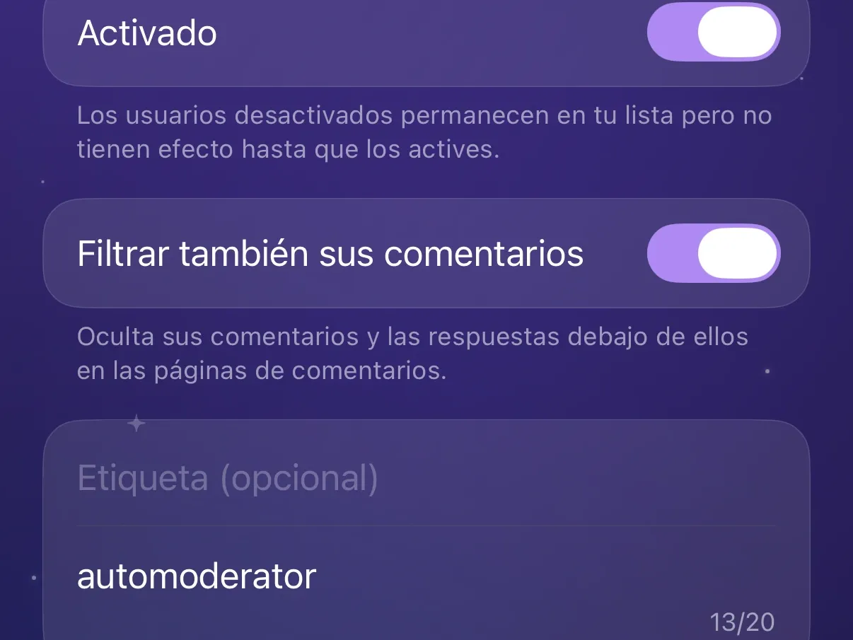 Una entrada de usuario en Protego con los interruptores Activado y Filtrar también sus comentarios activados.