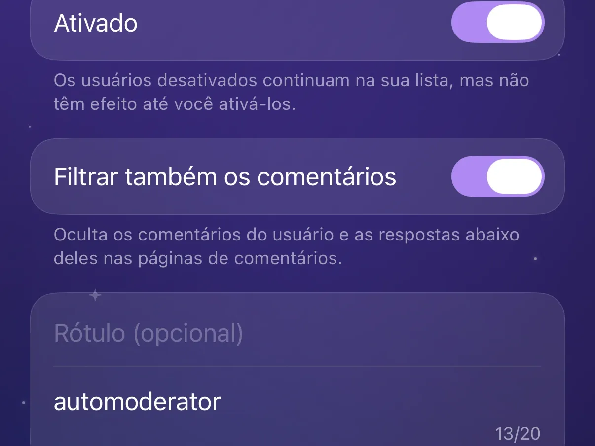 Uma entrada de usuário no Protego com as chaves Ativado e Filtrar também os comentários ativadas.