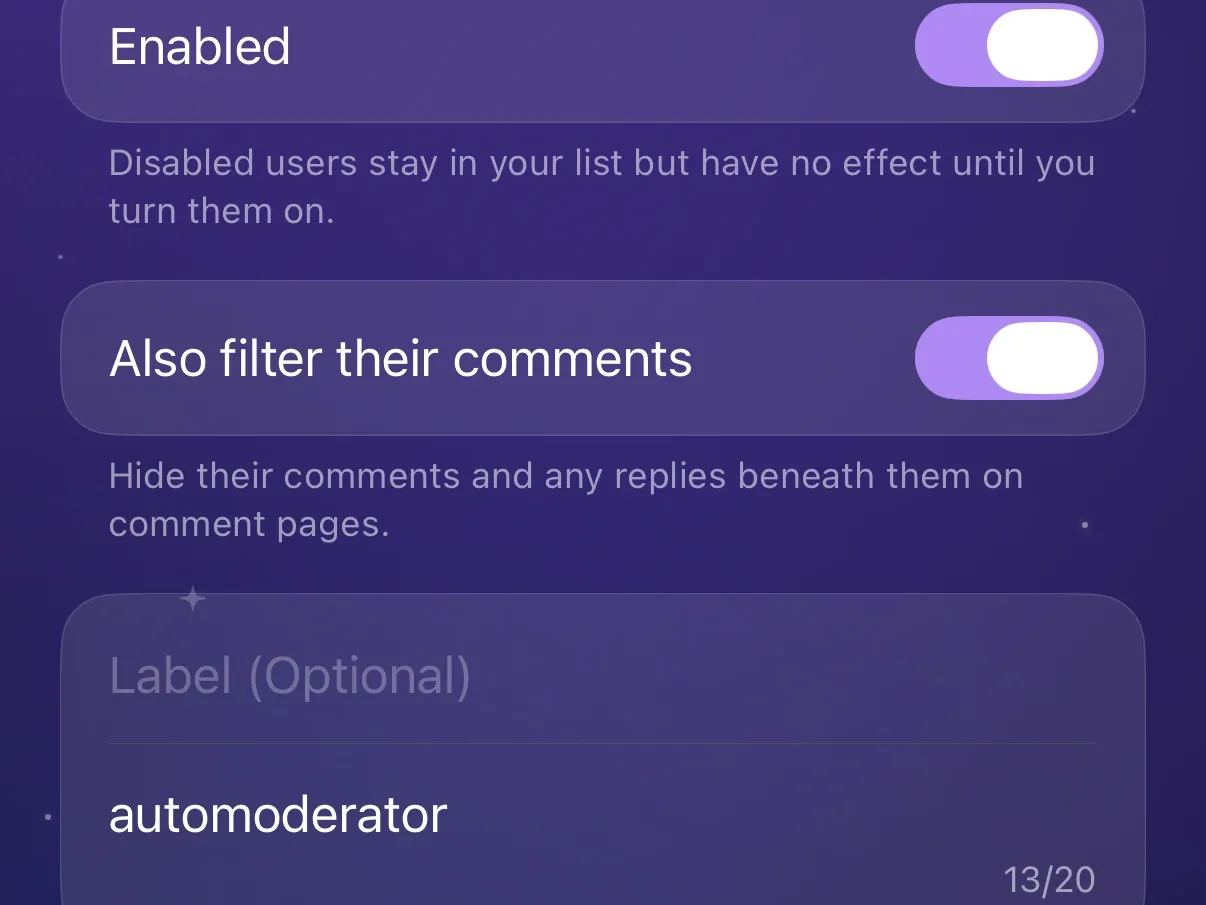 A user entry in Protego with Enabled and Also filter their comments turned on.