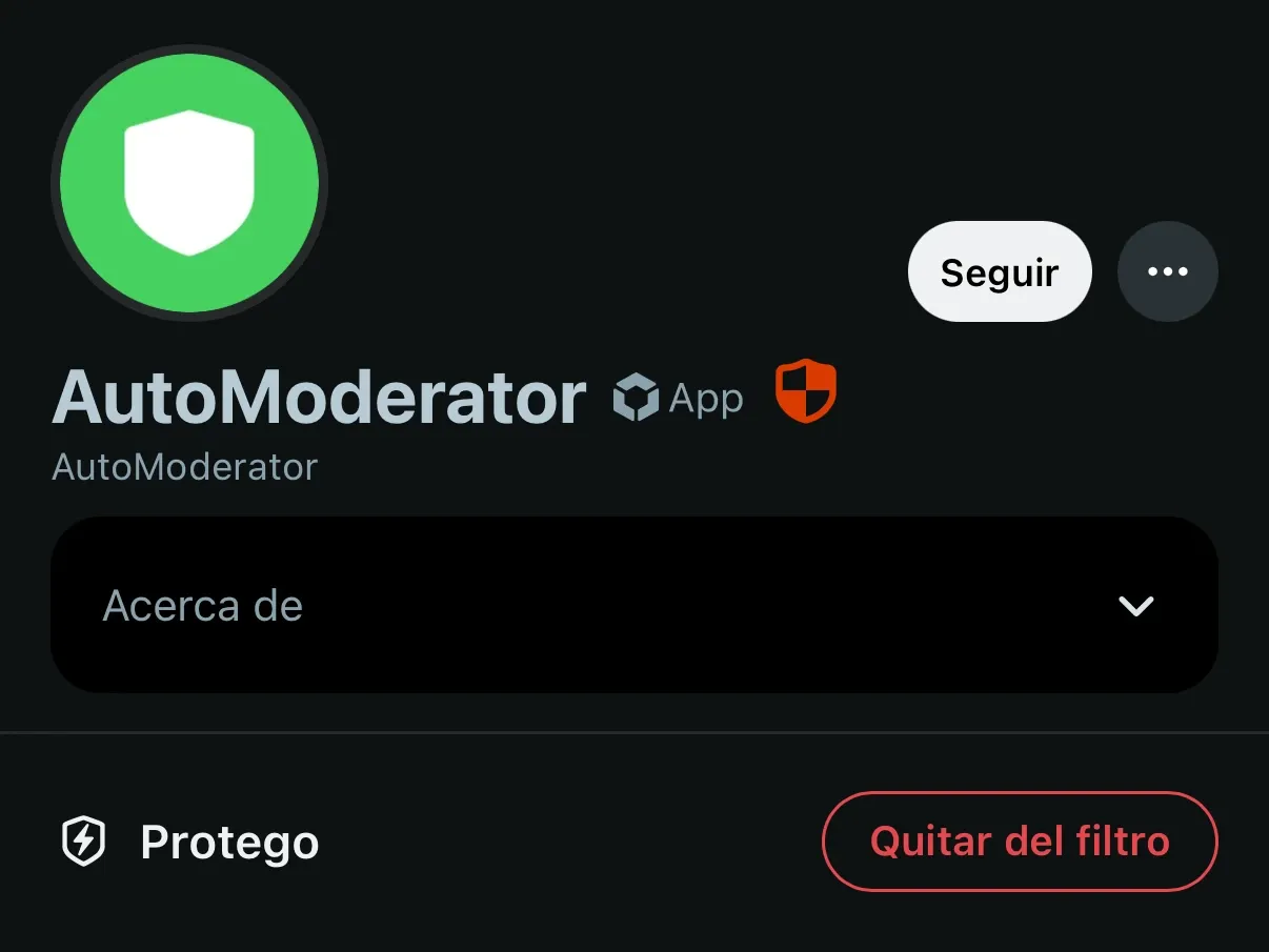 El perfil de Reddit de AutoModerator con una sección de Protego y un botón Quitar del filtro.
