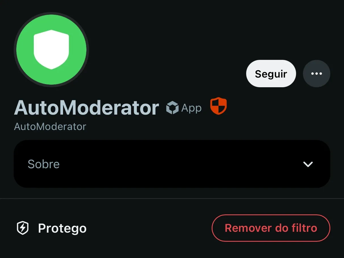 O perfil do AutoModerator no Reddit com uma seção do Protego e um botão Remover do filtro.