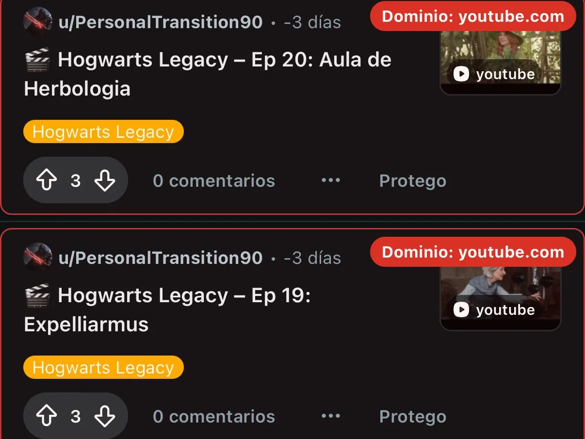 Un post con enlace a YouTube visible en Modo revelar, con una etiqueta que dice Dominio: youtube.com.