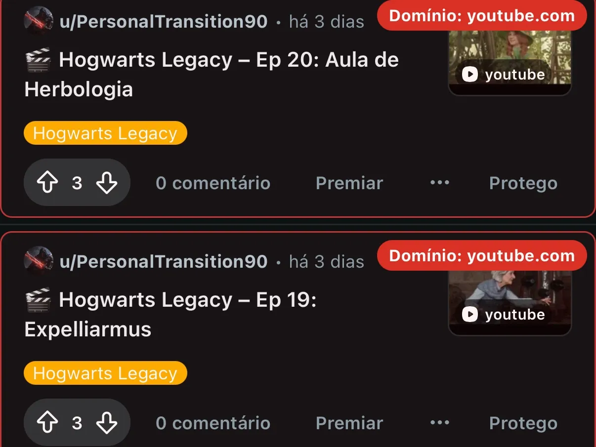 Um post com link para o YouTube, mostrado pelo Modo revelar, com o selo Domínio: youtube.com.