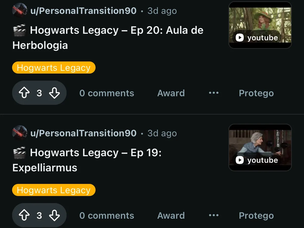 El feed de una comunidad de Reddit con dos posts que enlazan a YouTube.