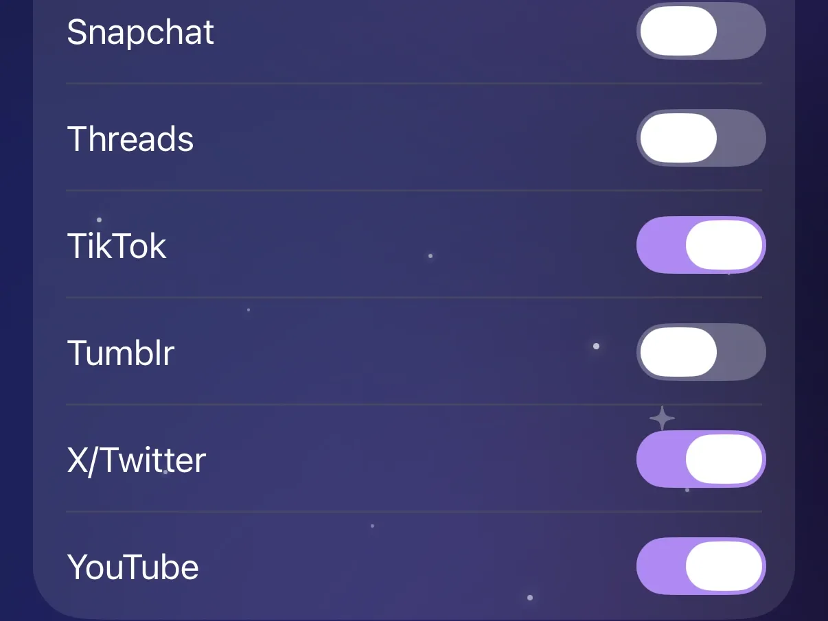 Los interruptores de Redes sociales en Protego, con TikTok, X/Twitter y YouTube activados y Tumblr desactivado.