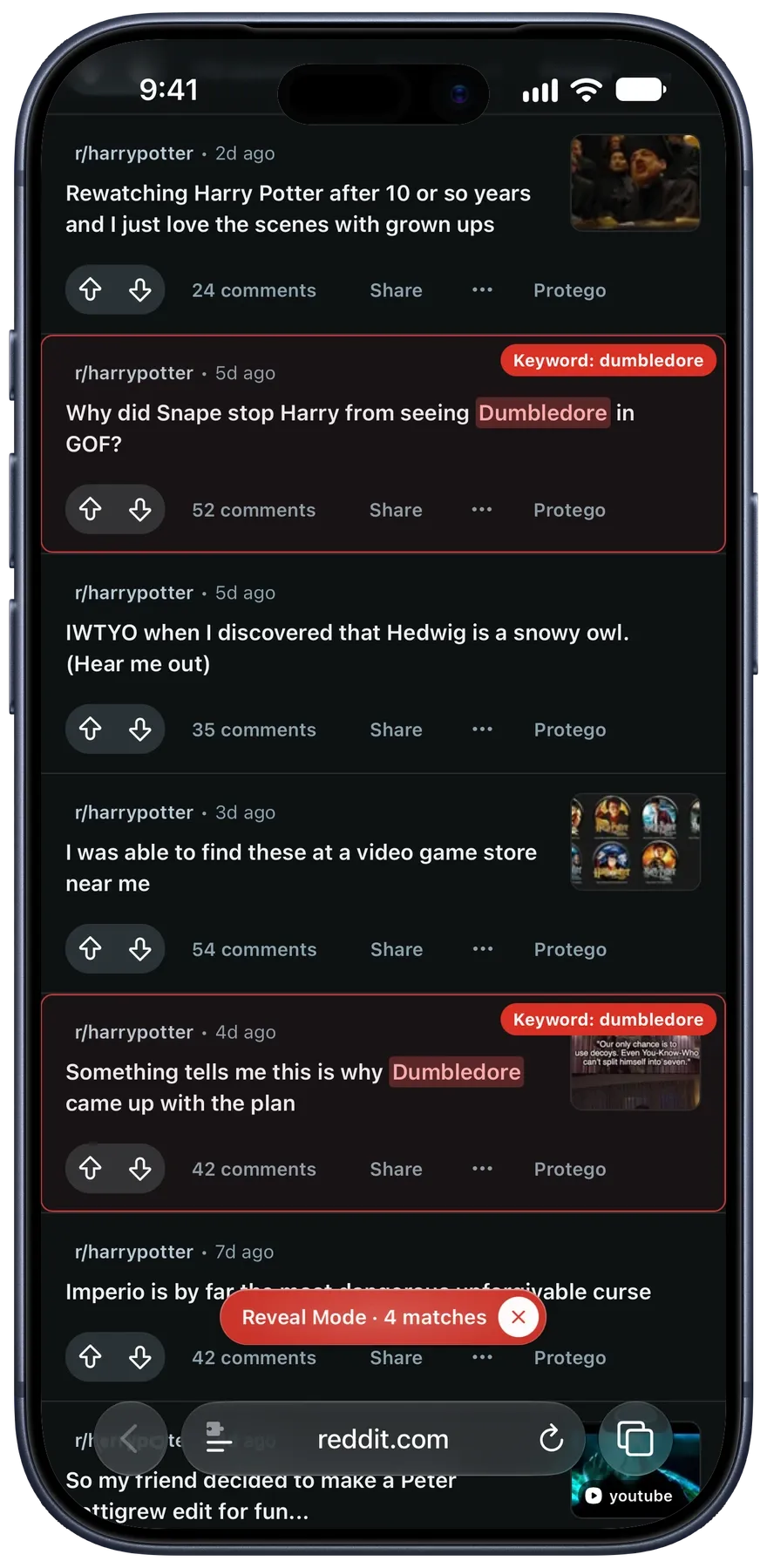 Reddit in Safari on iPhone with Reveal Mode on, and two r/harrypotter posts outlined in red and labeled Keyword: dumbledore