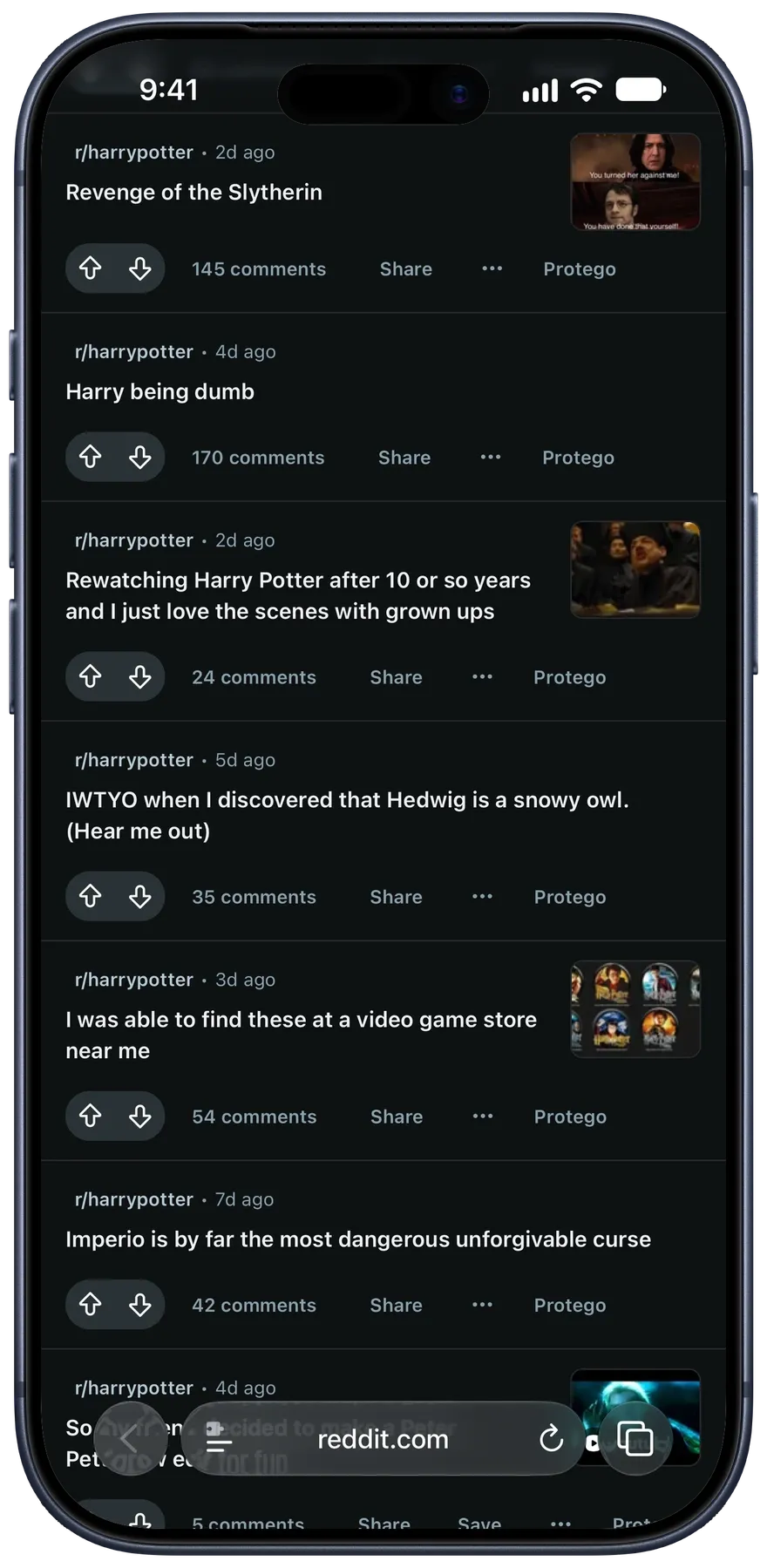 The same r/harrypotter feed with Reveal Mode off and the filtered posts hidden