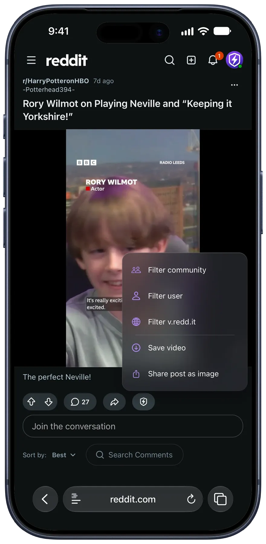 The Protego menu open on an r/HarryPotteronHBO video post, with Filter community, Filter user, Filter v.redd.it, Save video, and Share post as image