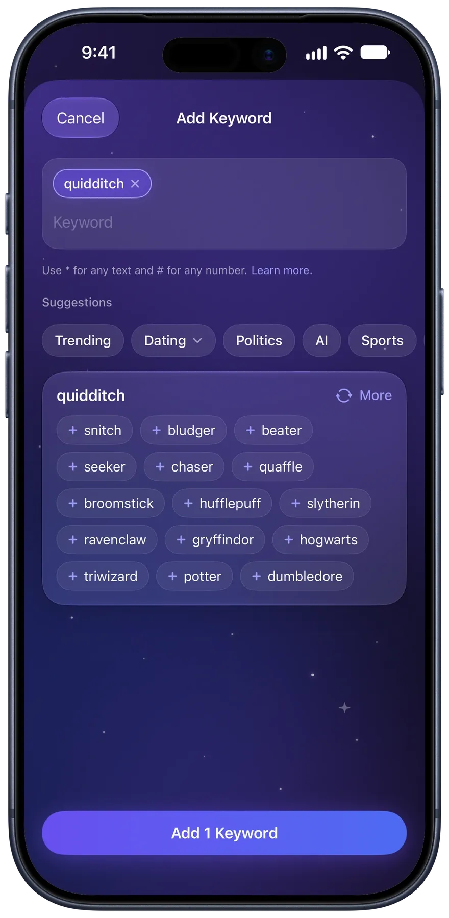 Protego’s Add Keyword screen with quidditch entered and suggestions such as snitch, bludger, and seeker