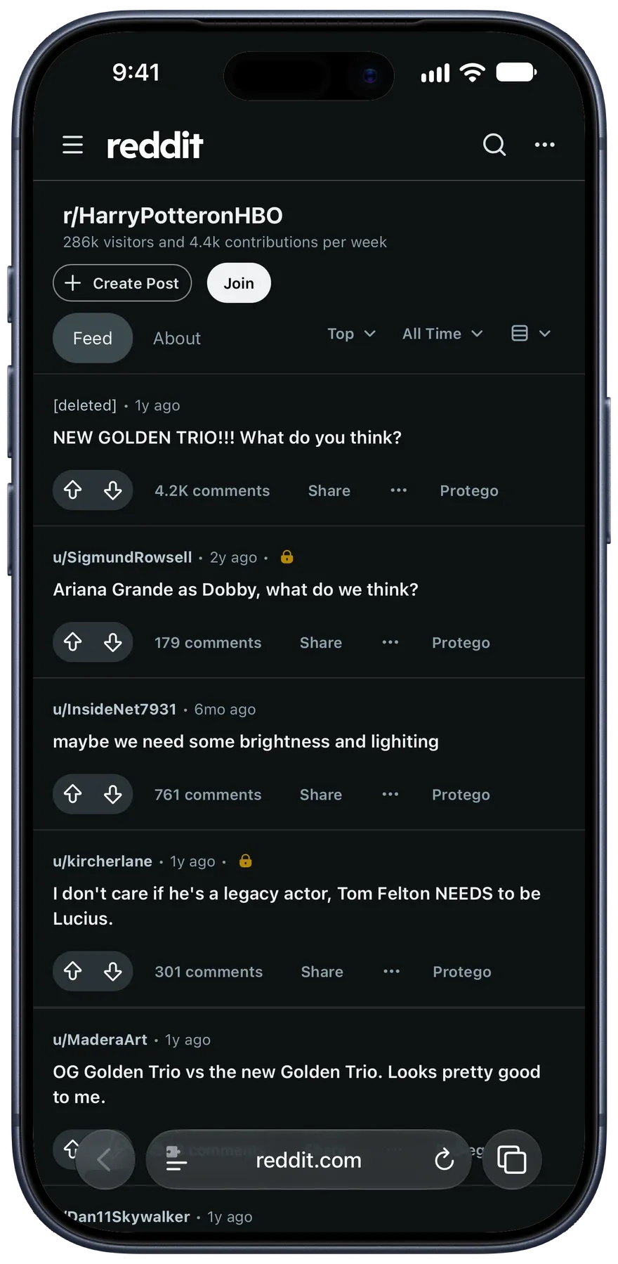 The same community with Transform on, as a compact list of posts, each with a Protego button