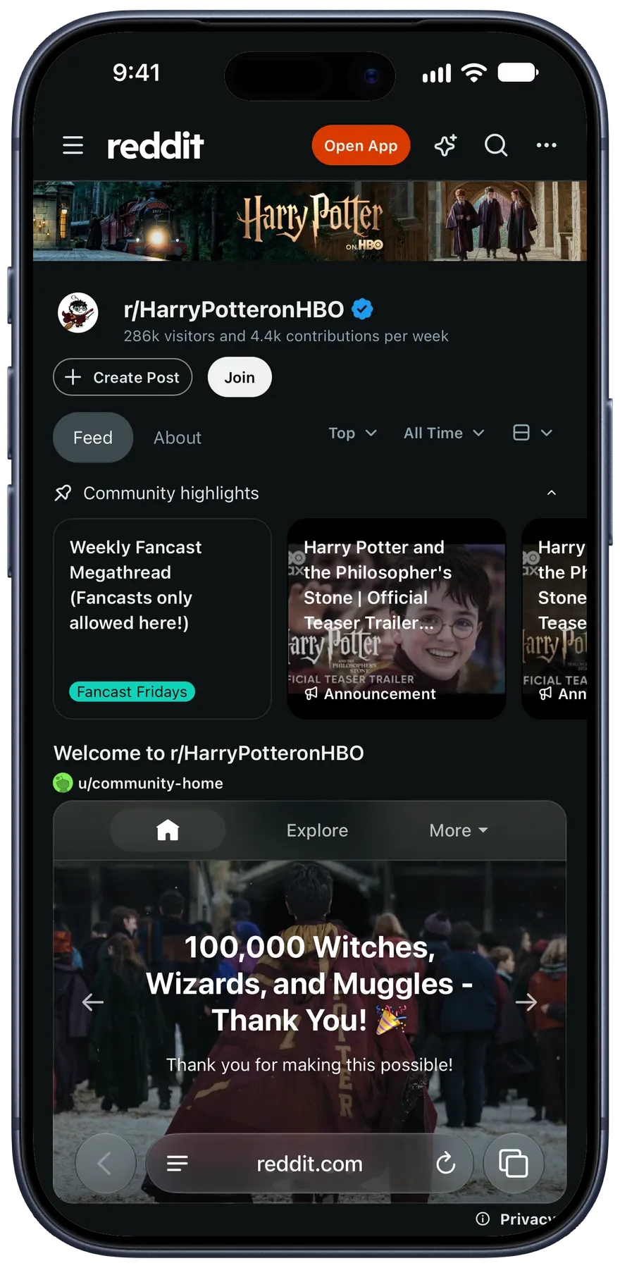 r/HarryPotteronHBO in Safari with Protego off, with a banner, community highlights, and a prompt to sign in or open the app