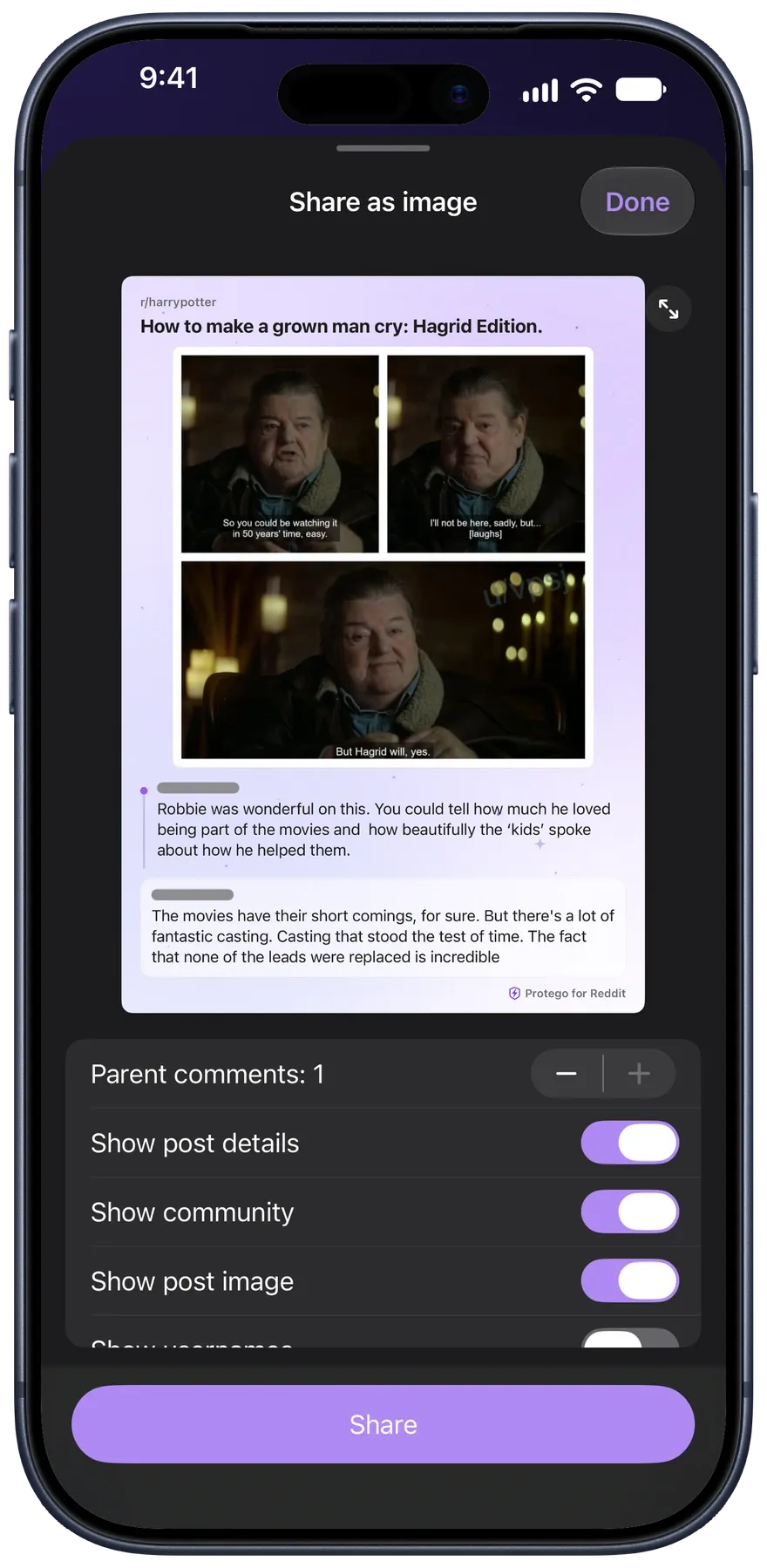 Protego’s Share as image screen with a preview of an r/harrypotter post and its comments, and switches for what the image shows
