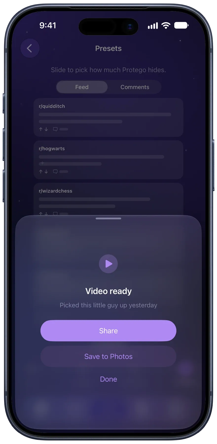 Protego’s Video ready sheet with Share and Save to Photos buttons