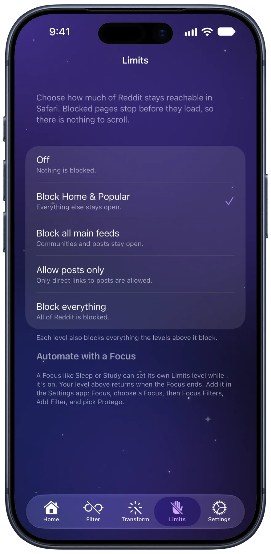 The Limits screen with Block Home & Popular selected, above a note on automating Limits with a Focus
