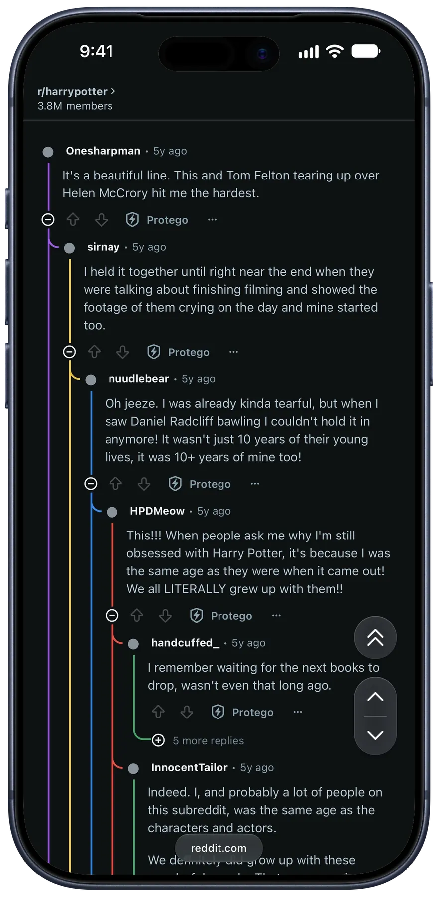 An r/harrypotter comment thread on iPhone with reply lines colored by depth, and buttons to jump between comments